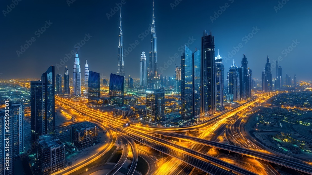 Obraz premium Futuristic Cityscape: Nighttime Lights & Long Exposure Trails in Industrial Metropolis
