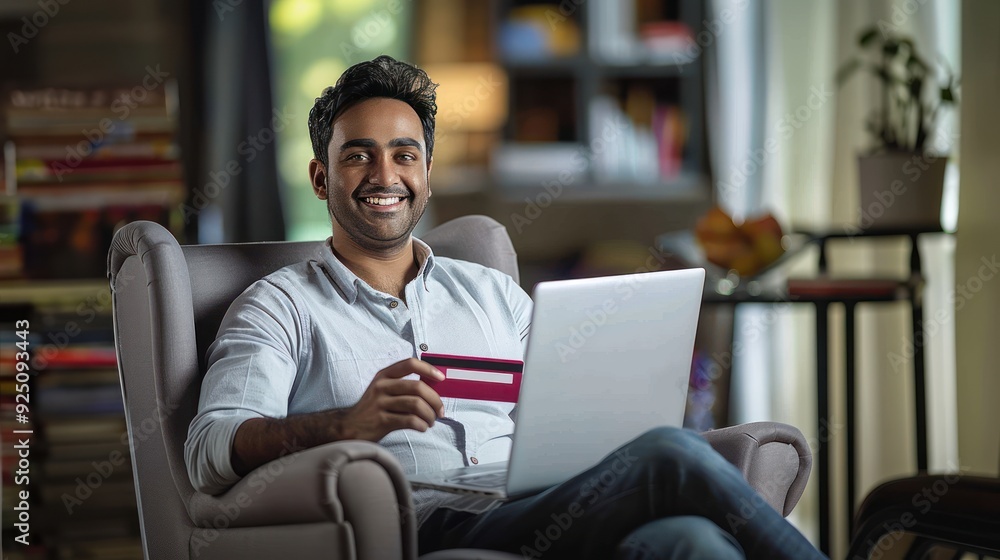 Indian man sitting in an armchair with a laptop holding a credit card, making a retail payment online, comfortable indoor setting, online shopping Indian man sitting in an armchair with a laptop holding a credit card, making a retail payment online, comfortable indoor setting, online shopping