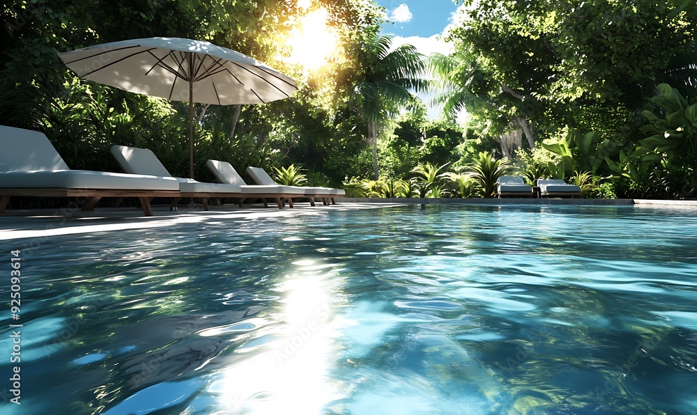 3D Summer Poolside Scene with Crystal-Clear Water and Sun Loungers 3D Summer Poolside Scene with Crystal-Clear Water and Sun Loungers