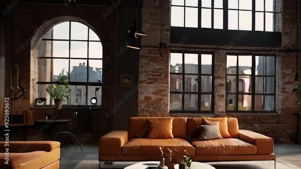 Industrial-style living room with exposed brick wall, large windows, and leather sofa Industrial-style living room with exposed brick wall, large windows, and leather sofa