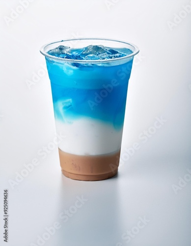 ice drink layered blue latte in plastic cup