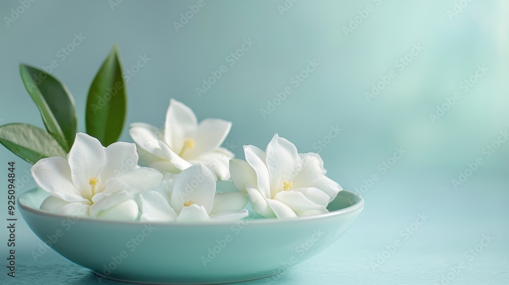 A blue bowl with white flowers in it A blue bowl with white flowers in it