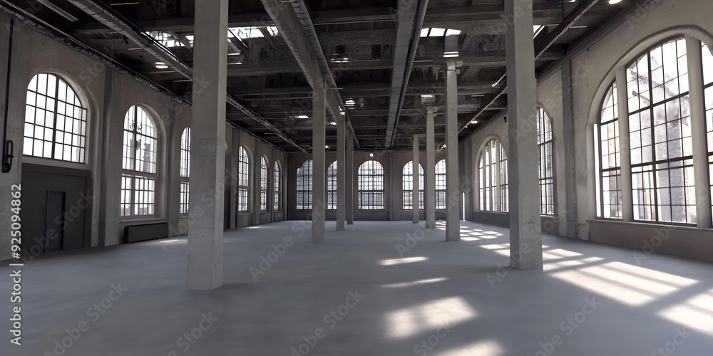 Large Empty Industrial Warehouse With Sun Shining Through Windows Large Empty Industrial Warehouse With Sun Shining Through Windows