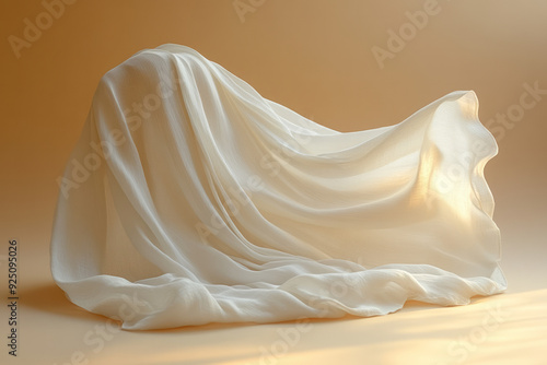 A fresh linen sheet blowing in the breeze, isolated on a pastel beige background, symbolizing the essence of clean freshness,