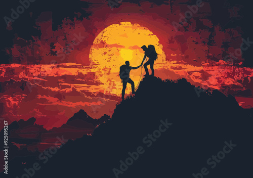 Silhouette Businessman Helping Climb Mountain During Sunset, Conceptual Vector Illustration of Teamwork, Support, and Partnership, Minimalistic Red and Black Theme for Motivation and Success