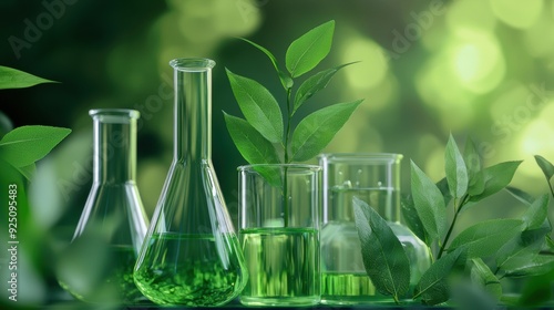 A collection of green glass vials and a leafy green plant