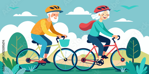 Happy elderly couple ride bicycle. Seniors on an active holiday. Grandparents in helmets ride sports bikes outside
