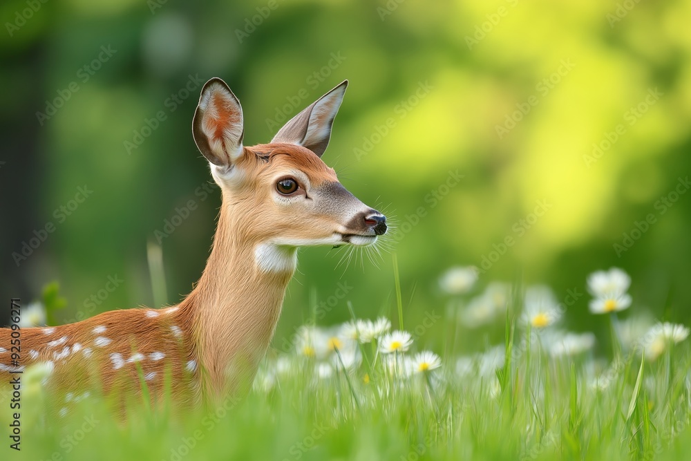 A graceful young deer is captured standing in a peaceful meadow adorned with white daisies, set against a luscious green backdrop. A graceful young deer is captured standing in a peaceful meadow adorned with white daisies, set against a luscious green backdrop.