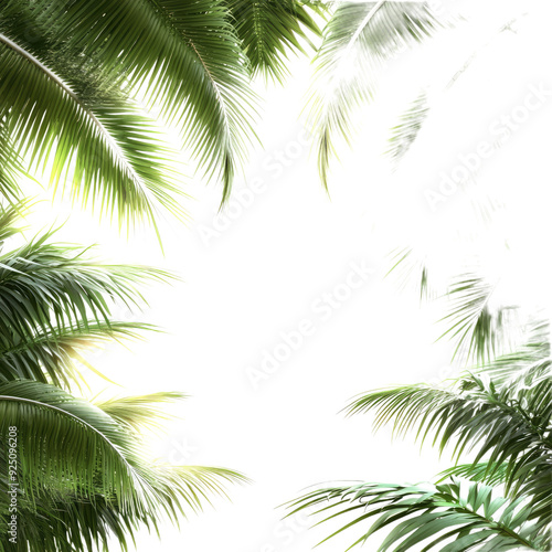 Palm leaves evergreen summer realistic on alpha, transparent isolated on white background PNG, cut out file clapping path