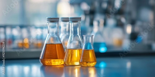 This image shows several laboratory flasks containing yellow liquids, placed on a reflective table in a research environment. photo