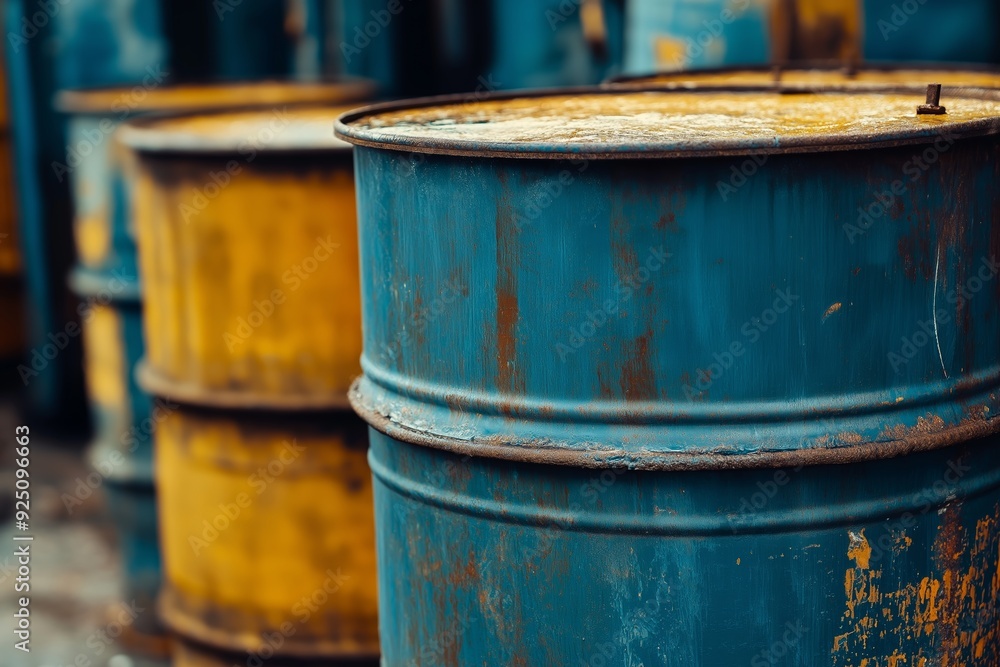 Close-up of old, rusty, and weathered metal barrels outside, showing textures and signs of age and decay. Close-up of old, rusty, and weathered metal barrels outside, showing textures and signs of age and decay.