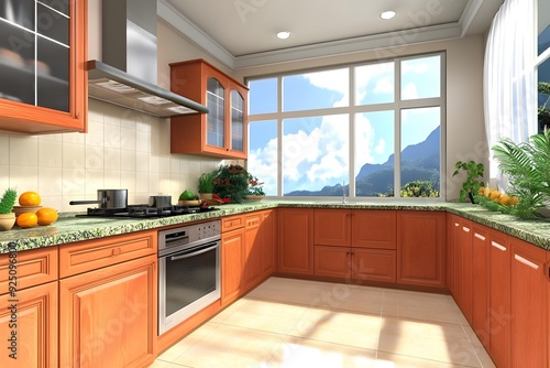 Modern Kitchen Interior Design With A View Of Mountains