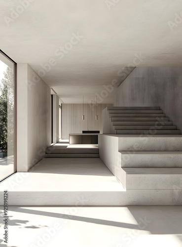 Modern Minimalist Interior Design with Concrete Stairs and a Large Window