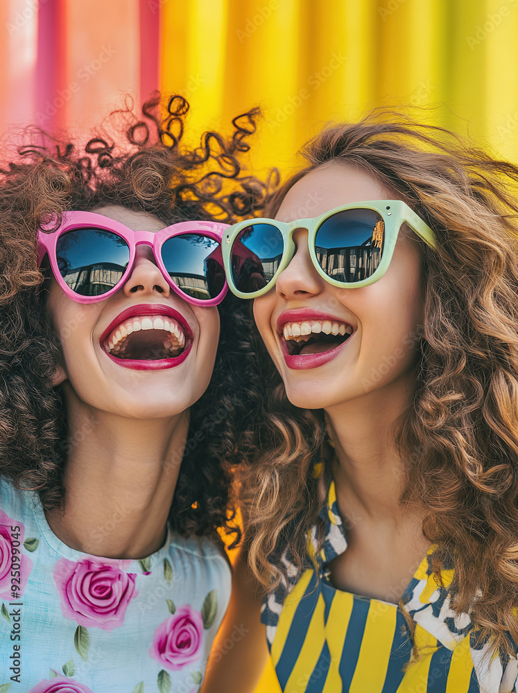 Dynamic photo of two young women with retro curly hair and pastel-colored sunglasses, sharing a laugh. Their casual attire with patterns like pink roses and yellow stripes contrasts with the vivid and Dynamic photo of two young women with retro curly hair and pastel-colored sunglasses, sharing a laugh. Their casual attire with patterns like pink roses and yellow stripes contrasts with the vivid and
