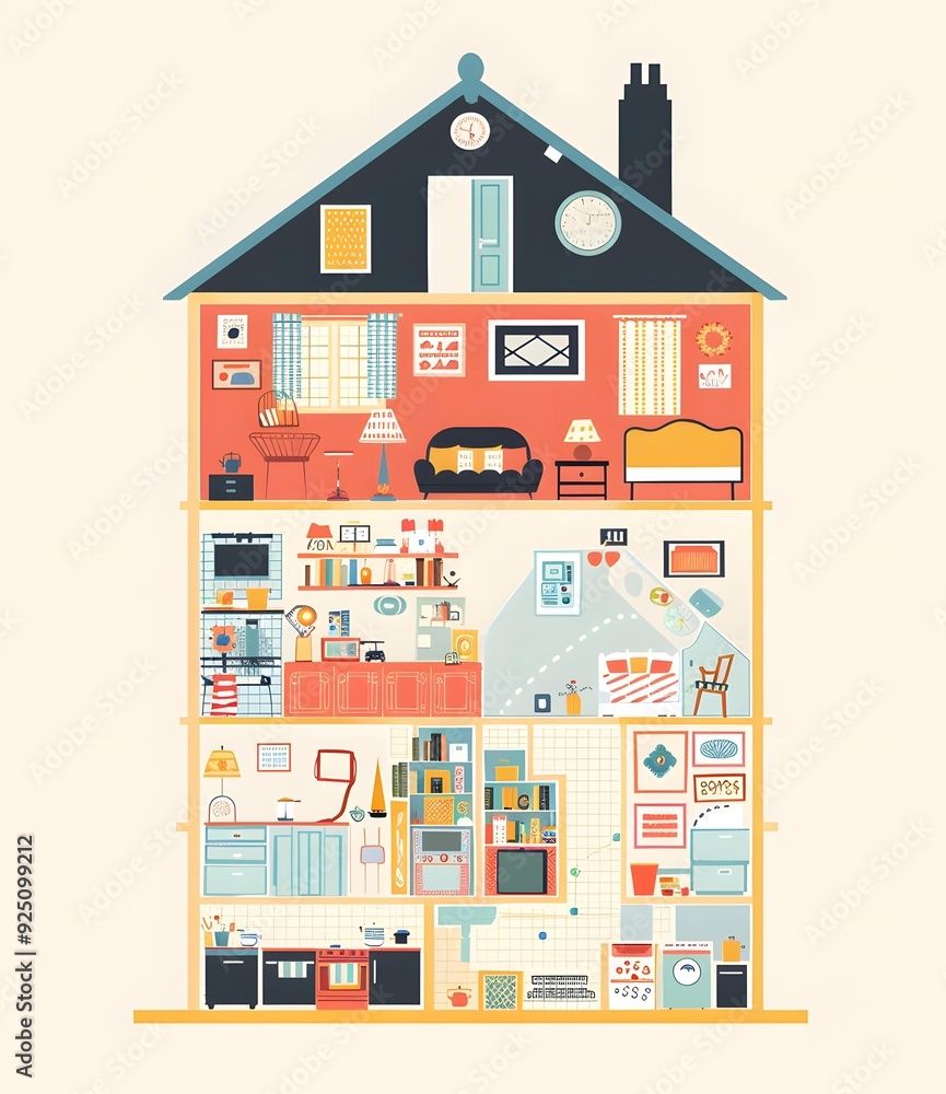 Interior Design Illustration of a House with Detailed Rooms Interior Design Illustration of a House with Detailed Rooms