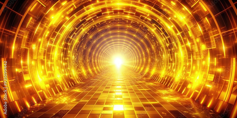 Obraz premium Shiny yellow fire energy tunnel with hi-tech futuristic design, abstract background, shiny, yellow, fire, energy, tunnel