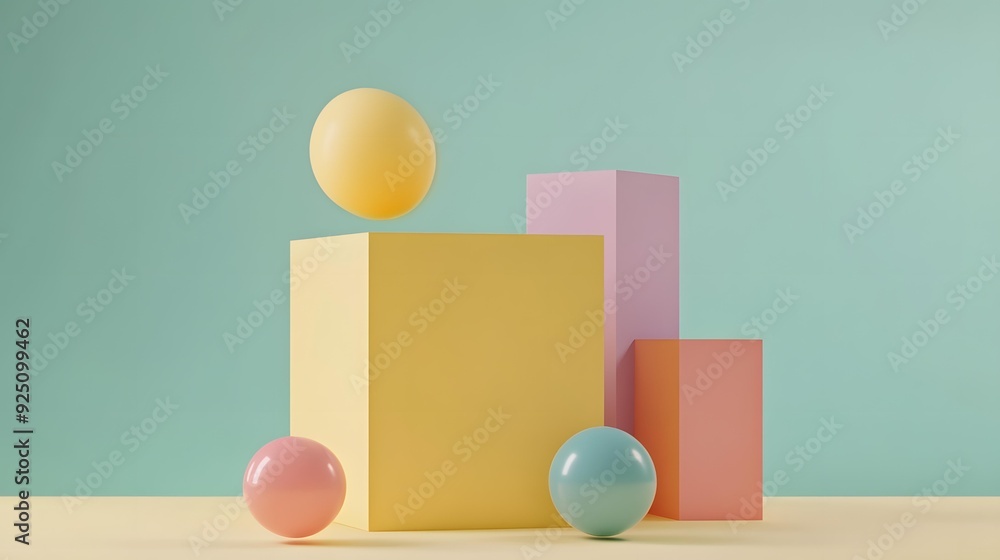 Abstract Pastel Color Shapes and Ball on Yellow Surface Abstract Pastel Color Shapes and Ball on Yellow Surface