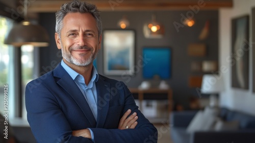 A smiling businessman stands with arms crossed  exuding confidence in a well-designed office that features contemporary decor and ample natural light