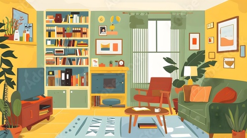 Wallpaper Mural Cozy Living Room Illustration with Bookshelves and Sofa Torontodigital.ca