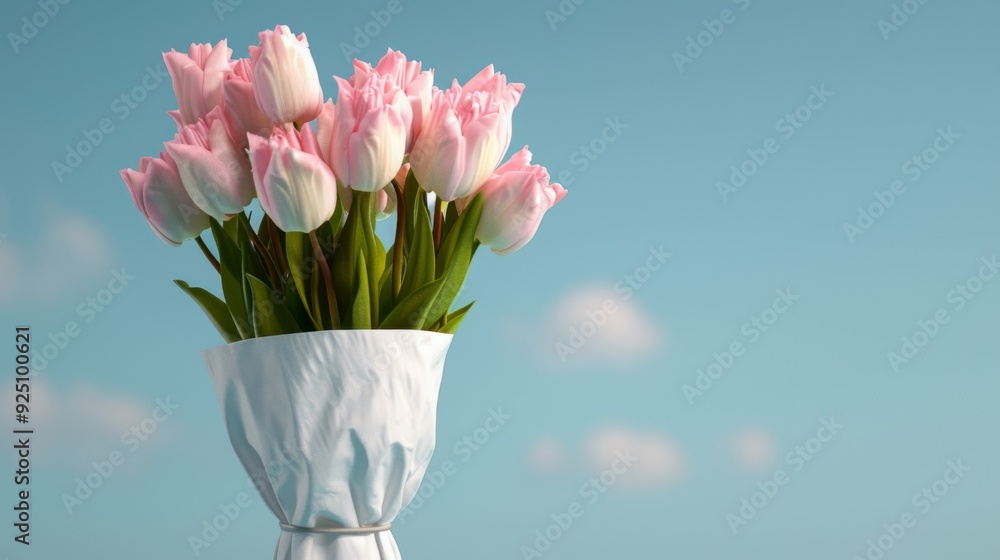 Obraz premium A beautifully arranged bouquet of pink tulips wrapped in white paper is set against a soft blue sky with light clouds, creating a soothing and visually appealing composition.