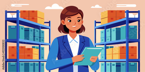 Woman warehouse manager with a tablet in her hands against the background of racks with goods. Vector illustration
