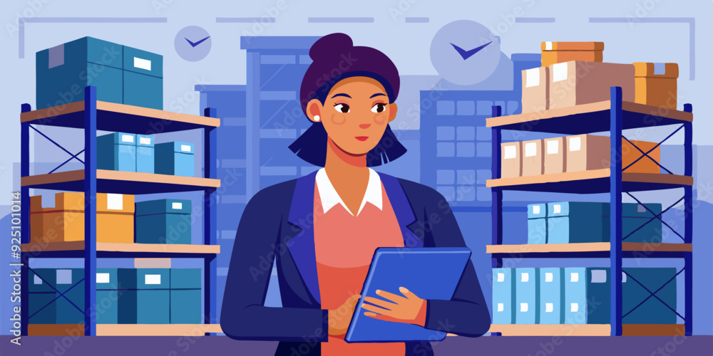 Woman warehouse manager with a tablet in her hands against the background of racks with goods. Vector illustration
Woman warehouse manager with a tablet in her hands against the background of racks with goods. Vector illustration