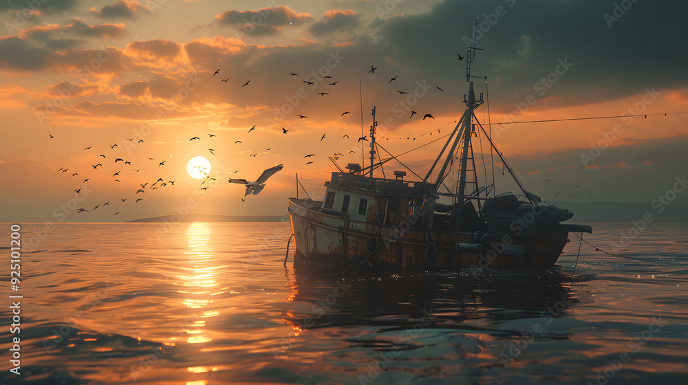 Obraz premium Fishing boat at sunset surrounded by birds
