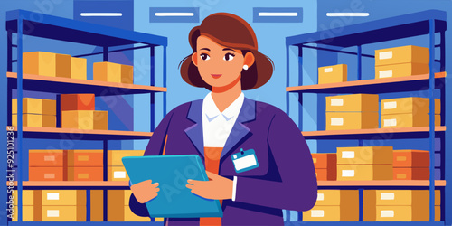 Woman warehouse manager with a tablet in her hands against the background of racks with goods. Vector illustration
