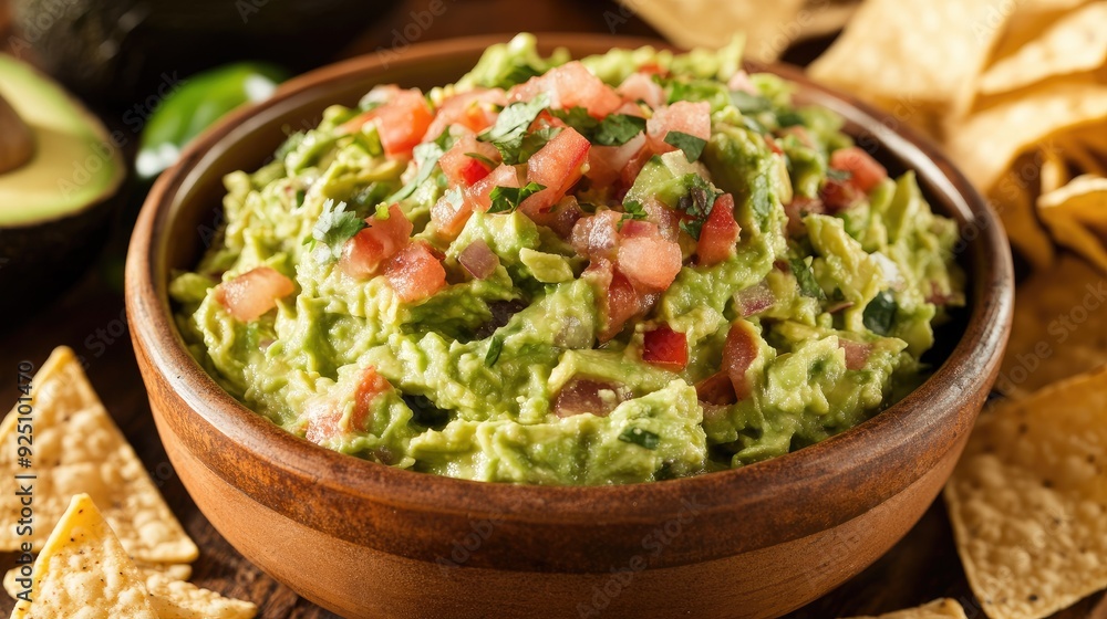 A delicious bowl of fresh guacamole with crispy tortilla chips on the side A delicious bowl of fresh guacamole with crispy tortilla chips on the side