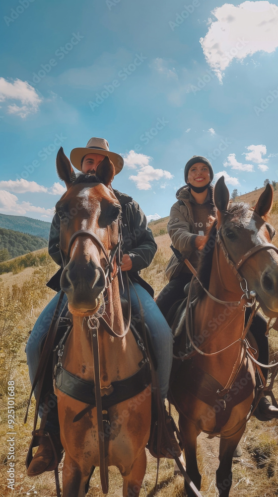 Fototapeta premium Man and Woman Riding Horses in Bulgarian Nature 