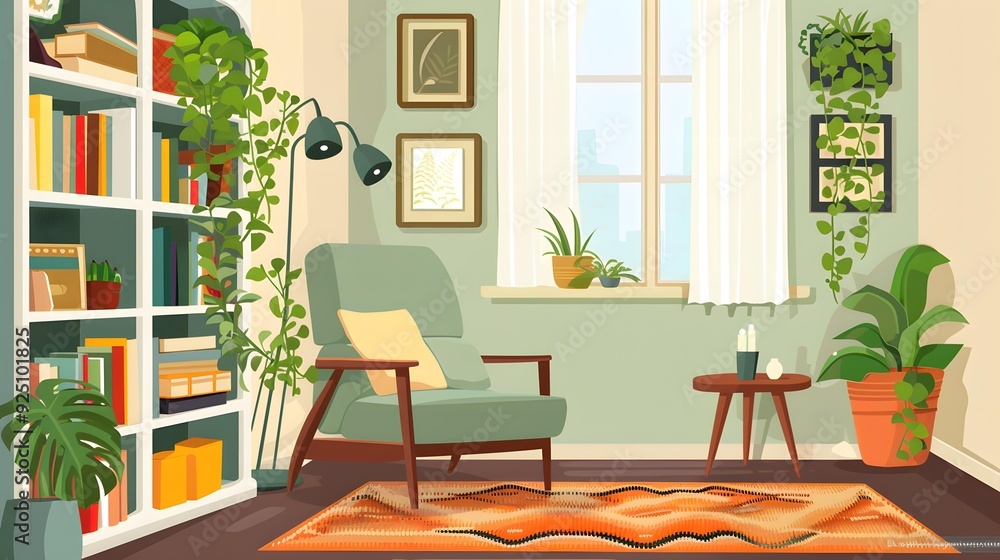 Fototapeta premium Cozy Living Room Interior Design with Green Plants and Bookshelf