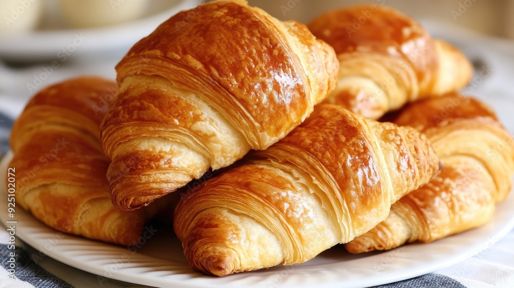 A stack of freshly baked croissants with a golden, flaky exterior, resting on a white plate A stack of freshly baked croissants with a golden, flaky exterior, resting on a white plate
