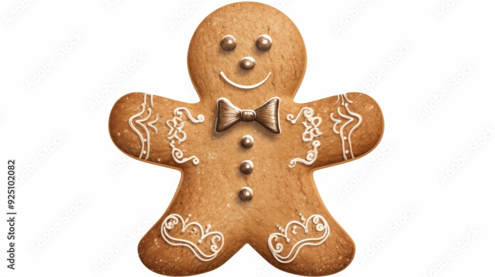 A gingerbread man decorated with intricate icing patterns and a bow tie, standing cheerfully and symbolizing festive creativity and warmth. A gingerbread man decorated with intricate icing patterns and a bow tie, standing cheerfully and symbolizing festive creativity and warmth.