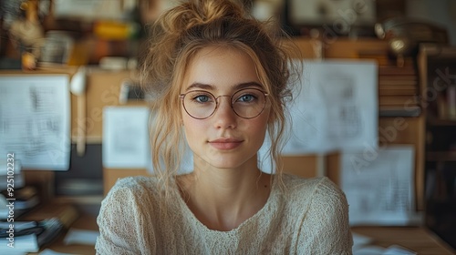architect young woman working at the desk indoors in home office sitting