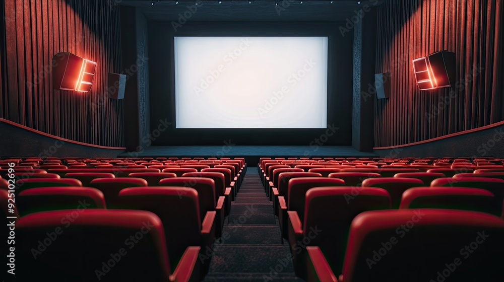 Fototapeta premium Cinema auditorium with vacant seats and a large movie screen, awaiting the audience