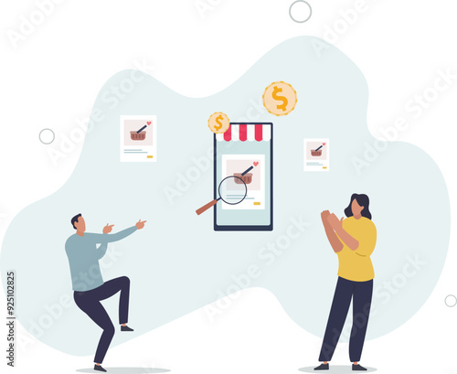 Distant internet shop with website or mobile application platform for customers .flat design with people.