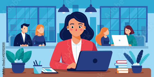 Business woman at desktop. Office employee working on a laptop, group corporate chat and checking mail
