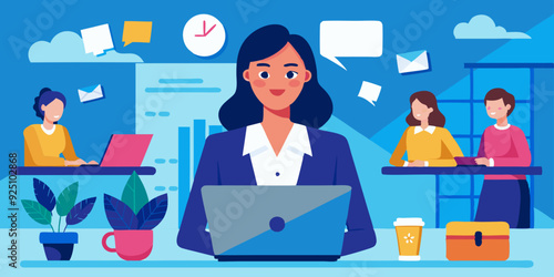 Business woman at desktop. Office employee working on a laptop, group corporate chat and checking mail
