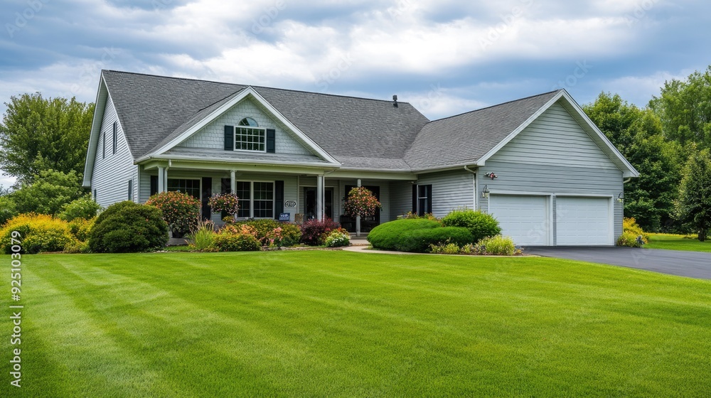 Classic suburban home with a well-maintained lawn, garage, and charming front porch Classic suburban home with a well-maintained lawn, garage, and charming front porch