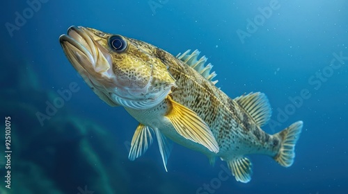 A brown and yellow fish swimming underwater, possibly a clownfish, with green plants nearby. photo