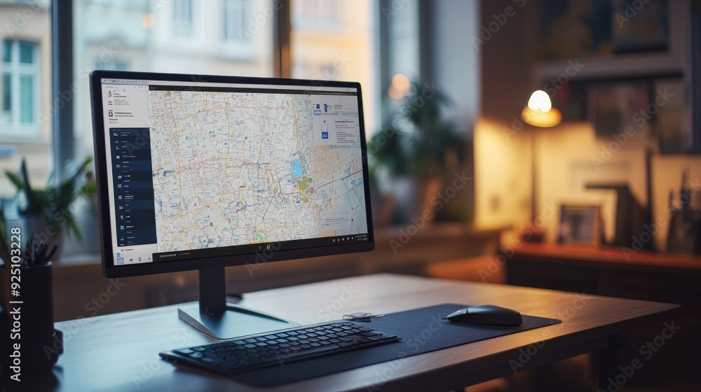 Close-up of a computer monitor displaying a digital map, clean workspace with no people Close-up of a computer monitor displaying a digital map, clean workspace with no people