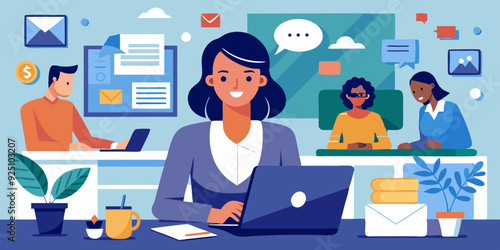 Business woman at desktop. Office employee working on a laptop, group corporate chat and checking mail

