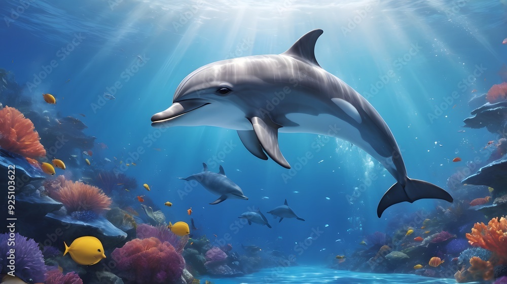 Fototapeta premium Underwater dolphins and coral reefs