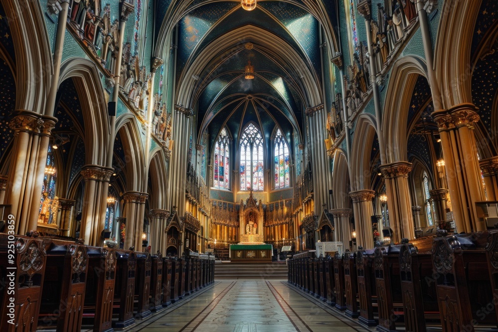 Sunlight streaming through stained glass windows, illuminating a cathedral's ornate interior Sunlight streaming through stained glass windows, illuminating a cathedral's ornate interior