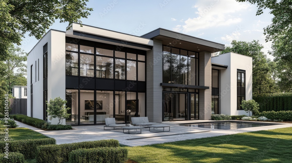 Contemporary real estate listing with a sleek facade, large windows, and clean lines Contemporary real estate listing with a sleek facade, large windows, and clean lines