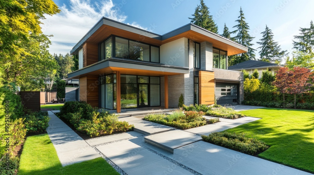 Contemporary real estate property with a clean exterior, landscaped garden, and modern design Contemporary real estate property with a clean exterior, landscaped garden, and modern design