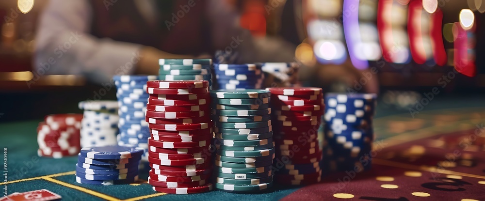 A close-up of a pile of poker chips on a green felt gaming table, with a blurred background of a casino. A close-up of a pile of poker chips on a green felt gaming table, with a blurred background of a casino.