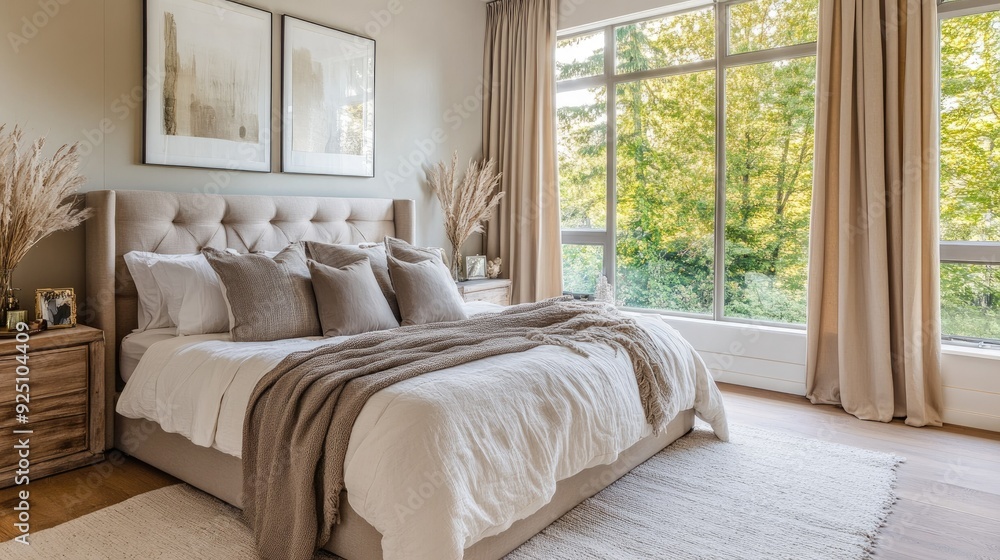 Fototapeta premium Cozy and stylish bedroom with neutral decor, large windows, and a comfortable bed