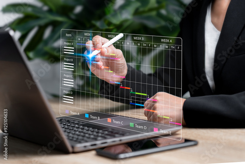 Project manager, Schedule planning management concept, Businesswomen mark on digital schedule online, Planning update tasks progress,  Chart plan tracking milestones, Work time management in company