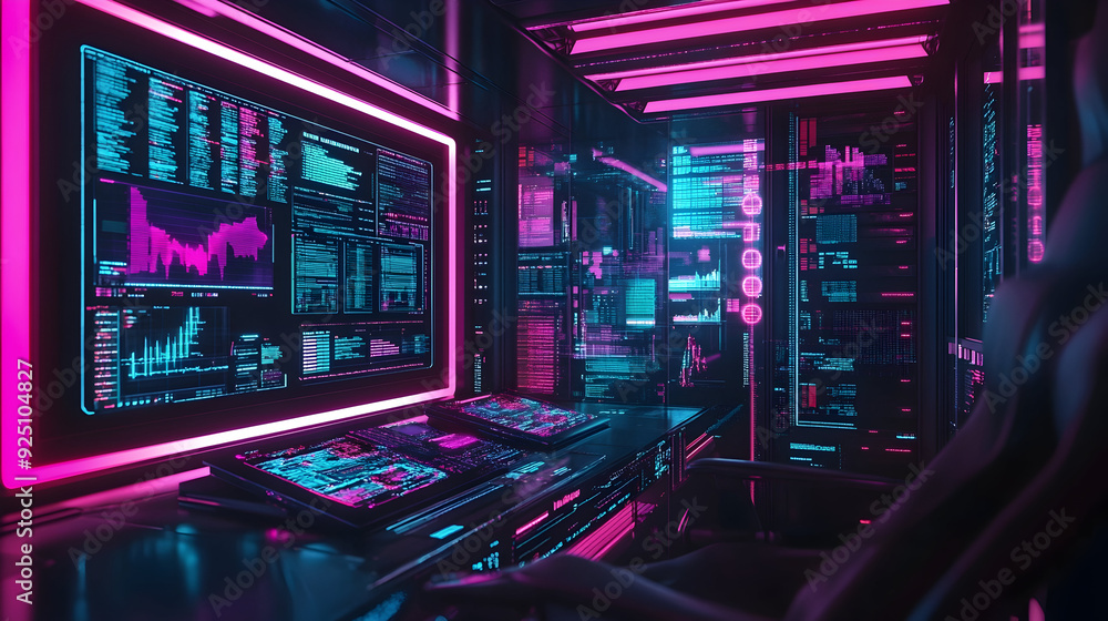 Fototapeta premium Cyberpunk-Themed Crypto Marketplace with Holographic Displays
